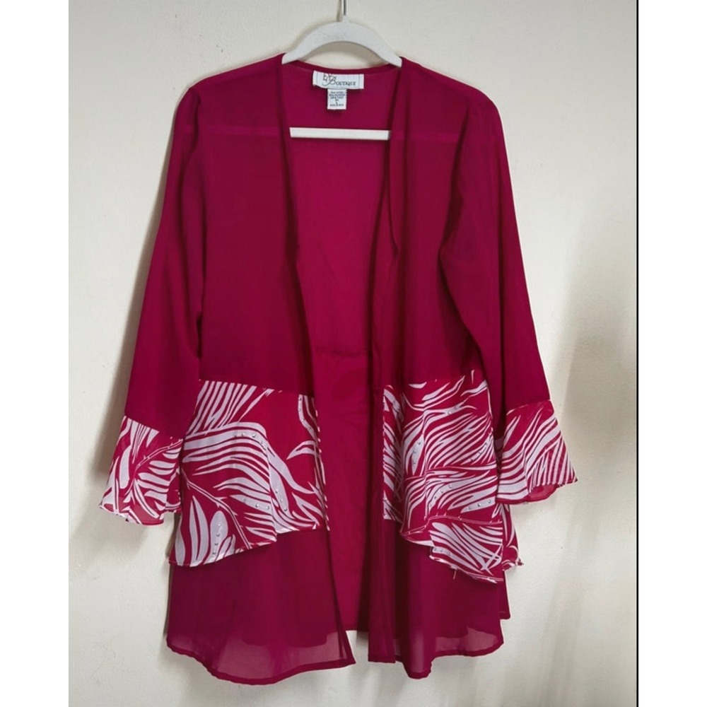 EY Boutique Cardigan Women L Pink Palm Print Rhinestone Open Front Chiffon Layer